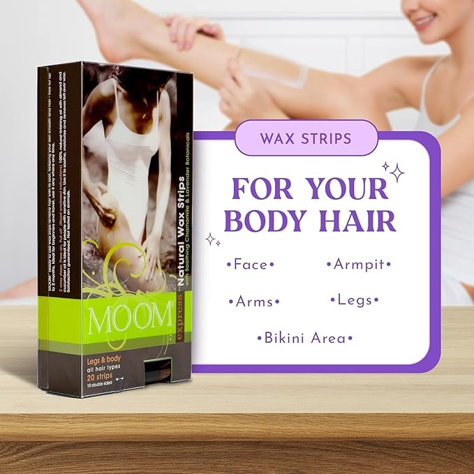 MOOM Express Wax Strips with Chamomile & Lavender, Hair Removal Kit with Finishing Oil – Legs, Bikini, Face & Body, 10 Double-Sided Strips (2 Pack), 40 Count