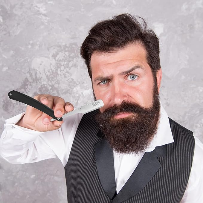 Shavette Straight Razor Kit for Men - Stocking Stuffers Gifts for Dad, Husband, Boyfriend - Professional Barber Straight Edge Razor with Black Wooden Handle for a Close, Smooth Shave & Beard Shaping