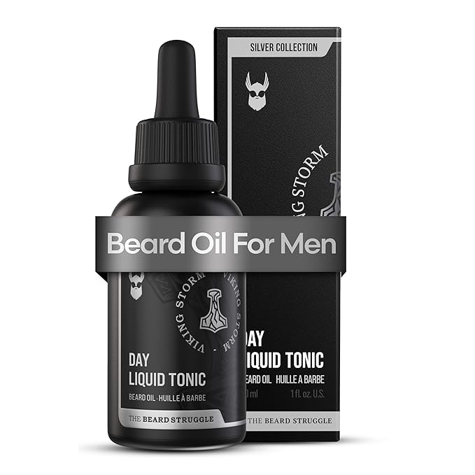 The Beard Struggle - Day Liquid Tonic Beard Oil - Silver Collection (Viking Storm) - Beard Oil for Men - Moisturize, Softens Hair, Reduces Itch - Day Time Beard Growth Oil (1 Fl oz)