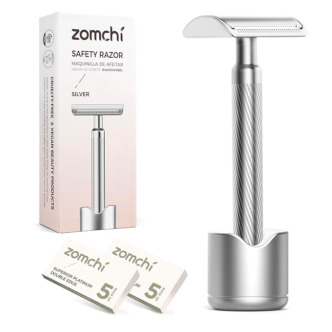 ZOMCHI Double Edge Safety Razor for Men & Women,[New Version 2.0 ] Metal Razor with 10 Double Edge Safety Razor Blades, Single Blade Razor with Stand – Noble Silver