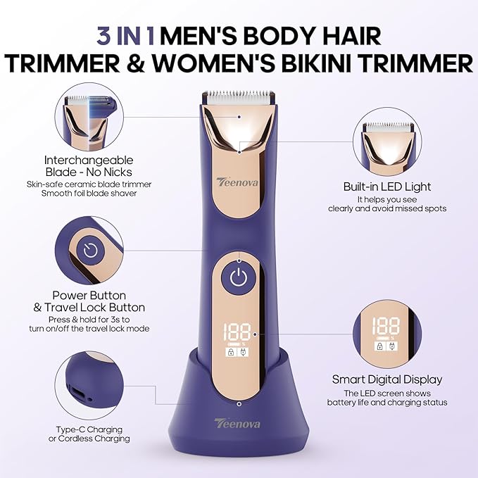 Electric Body Hair Trimmer Shaver - 3 in 1 Pubic Trimmer for Men - Bikini Trimmer for Women - No Nick Groin Ball Razor with Ceramic Blade Head, Wireless Dock Charging (Purple)