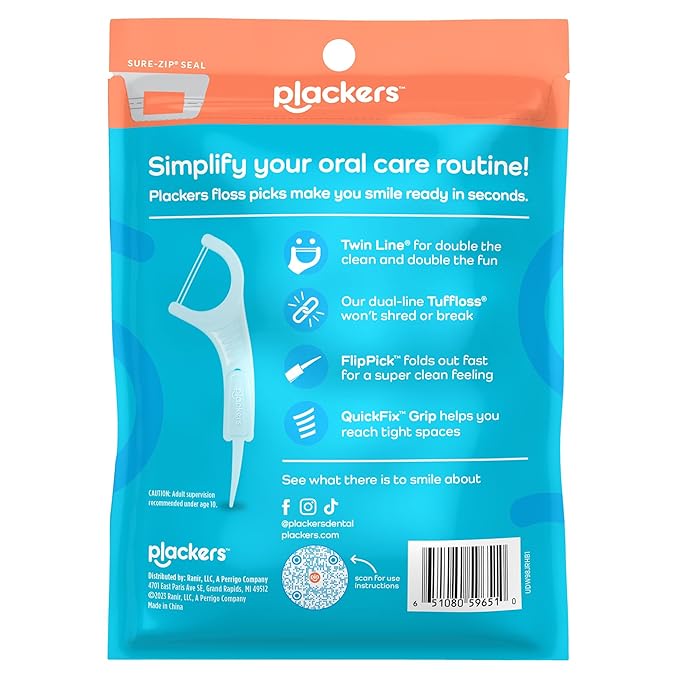 Plackers Twin-Line Dental Flossers, Cool Mint Flavor, Dual Action Flossing System, Easy Storage, Super Tuffloss, 2X The Clean, 75 Count (Pack of 2)