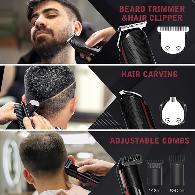 FADEKING Beard Trimmer for Men, Professional Hair Trimmer, Waterproof Electric Beard Trimmer Razor for Nose, Body, Face & Mustache, Cordless Hair Clippers, Grooming Gifts for Men (Red)