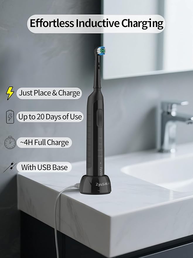 Rotating Electric Toothbrush for Adults with 4 Modes, Round Head and USB Charging Base - for Sensitive Gums, IPX7 Waterproof (Black)