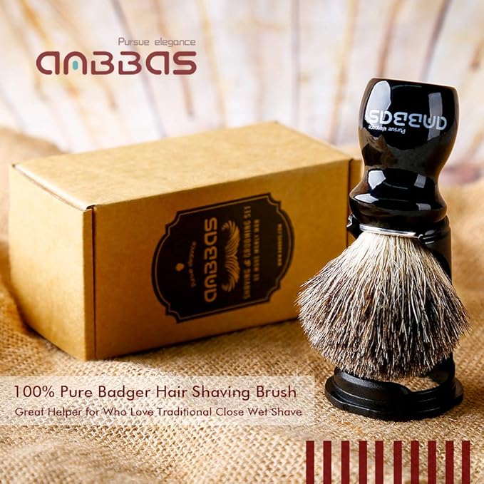 Anbbas Badger Shaving Brush and Stand,Black Wood Handle Brush with Contracted Design Resin Shaving Stand,2in1 Kit for Men Clsoe Shave