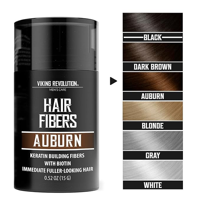 Viking Revolution Auburn Hair Fibers for Thinning Hair Men - Thick Fiber for Bald Spot Cover Up - Hair Building Fibers with Kerating and Biotin - Hair Fiber for Men for Thicker and Fuller Look(0.52oz)
