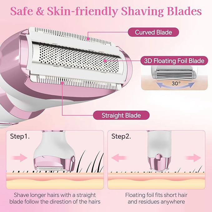 Women's Electric Shaver 4-in-1 - Waterproof Painless Hair Remover for Bikini, Face & Body, Cordless Wet/Dry Trimmer with Nose & Eyebrow Heads, Fast USB-C Charging, Gift for Women