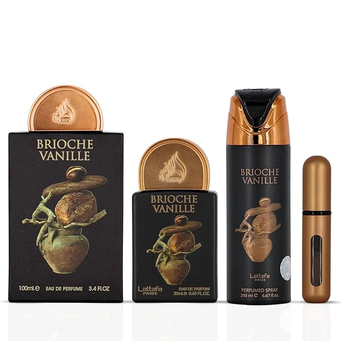 Lattafa Pride Brioche Vanille 3-Piece Gift Sets – Long Lasting Arabian Perfumes for Unisex – Eau de Parfum & Perfumed Spray – Elegant Ladies Perfume with Floral & Woody Scents – Premium Gift Box