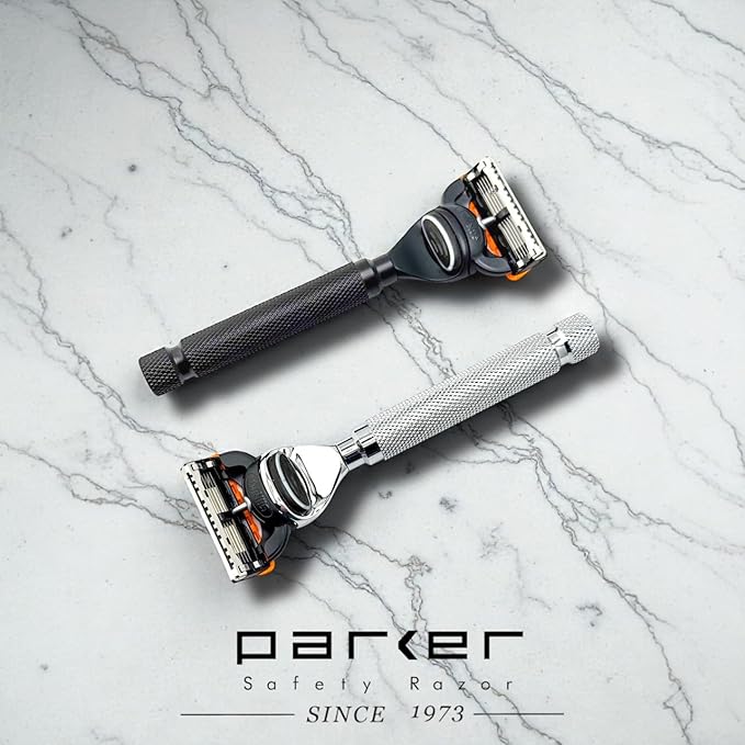 Parker 5-Blade Razor Handle Compatible with Gillette® Fusion® Cartridges – Weighted Metal Handle with Textured Grip for Smooth, Tug-Free Shaving | Luxury Men’s Gift | 1 Cartridge Included (BLACK)