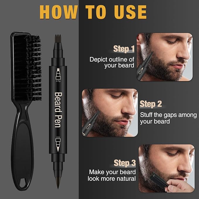 Beard Pencil Filler For Men, 4 Tip Facial Hair Pen Kit With Brush - Mustache Repair & Shaping Tool, Enhances Hair (BROWN)