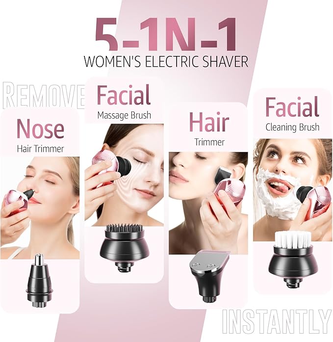 SHPAVVER Electric Razors for Women Legs: 5-in-1 Upgraded Rechargeable Body Shaver - Waterproof Wet Dry Hair Remover - Trimmer for Lady Face Underarms Pubic (Glossy Pink)