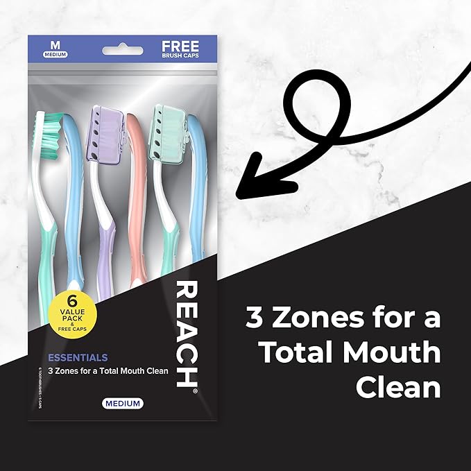 Reach Toothbrush, Medium Bristles, Contoured Handle | Multi-Angled Bristles | Tongue Scraper | Includes Covers | 12 Count Total