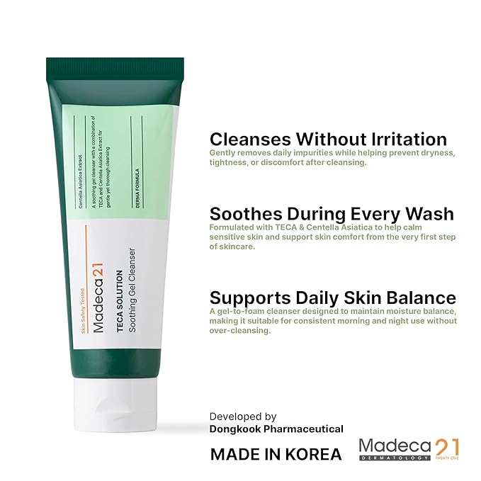 TECA Solution Soothing Gel Cleanser for Sensitive Skin – Gentle Daily Facial Cleanser with Centella & TECA, Low-Irritation Gel-to-Foam Face Wash, Developed by Dongkook Pharmaceutical (100ml)