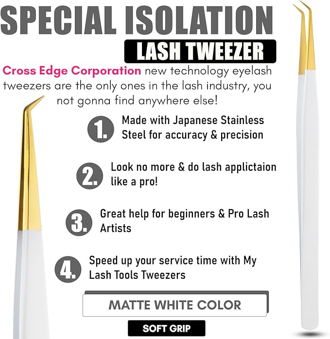 My Lash Tools Eyelash Extension Curved Degree Tweezers for Isolation Lash Extensions 14cm Best for Individual Isolation & Classic Lashes Japanese Stainless Steel Eyelash Twisers (Matte White Gold Tip)