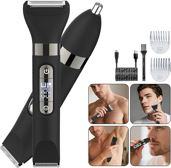 Hatteker 3 in 1 Multifunctional Dual - Head Body Hair Trimmer for Men, IPX7 Waterproof Nose/Eyebrow Trimmer, Rechargeable Body Electric Shaver Razor