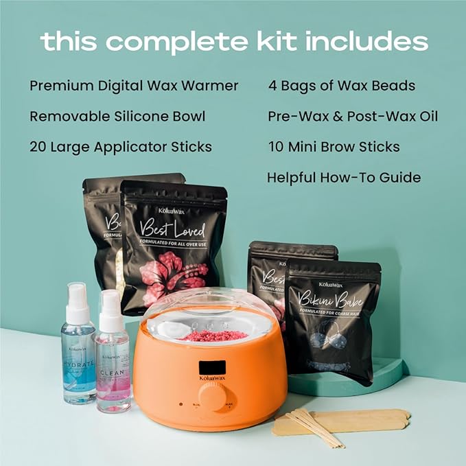 KoluaWax Premium Waxing Kit for Women - Beginner Friendly - Complete Wax Kit that includes 14oz of Wax Beads, Applicator, Pre and Post Care, Suitable for Sensitive Skin (Peach Fuzz)
