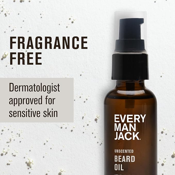 Every Man Jack Unscented Beard Oil for Men - Fragrance Free for Sensitive Skin - Naturally Moisturizes and Softens Beard w/Shea Butter & Argan Oil - 1 fl oz (2 pack)
