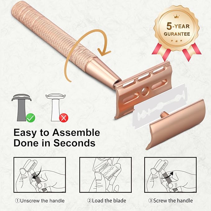 Double Edge Safety Razor with Stand, Single Blade Razors for Women, Reusable Metal Razor, with 10 Stainless Steel Double Edge Blades, Smooth and Close Shave, Plastic Free, Matte Rose Gold