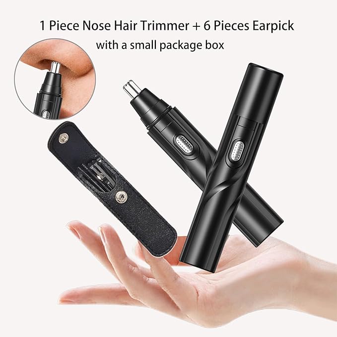 Ear and Nose Hair Trimmer Clipper, Electric Nose Ear Hair Trimmer Rechargeable with 6 Pieces Earpick Trimming Nose Hair Painless Removal Nose Hair Speed Rotation Motor Nose Hair Clipper (Black)