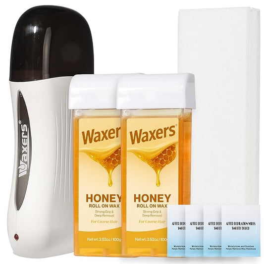 Roll on Wax Kit for Hair Removal at Home Roller Waxing Depilatory for Women Men Honey Soft Wax Kit for Coarse & Thick Hair with Warmer and Strips