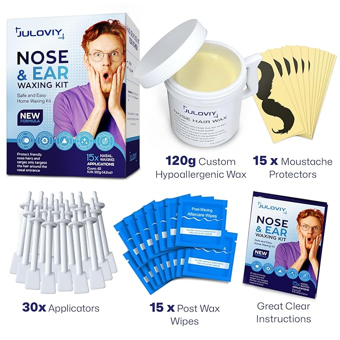 Nose Wax Kit, 120 g Wax, 30 Applicators,Nostril and Ears Hair Removal Kit for Men & Women,Includes 15 Balm Wipes and Mustache Guards etc. Lasts up to 6 Weeks