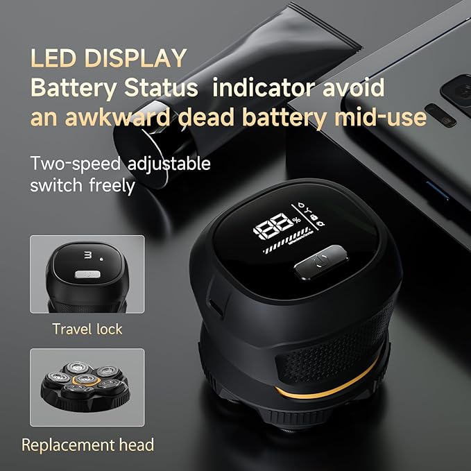 Electric Shavers for Bald Men, 6D Magnetic Head Razor with Led Display, USB-C Rechargeable and Cordless, Waterproof Wet/Dry Shaver for Men, with Storage Case and 1 Replacement Head (Black)