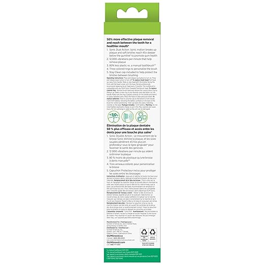 GUM Sonic Powered Toothbrush, Tapered Bristles Clean Below The Gumline, Bundle, Black, 1 Handle(1 Count) + 2 Refills 2 Count(Pack of 1)
