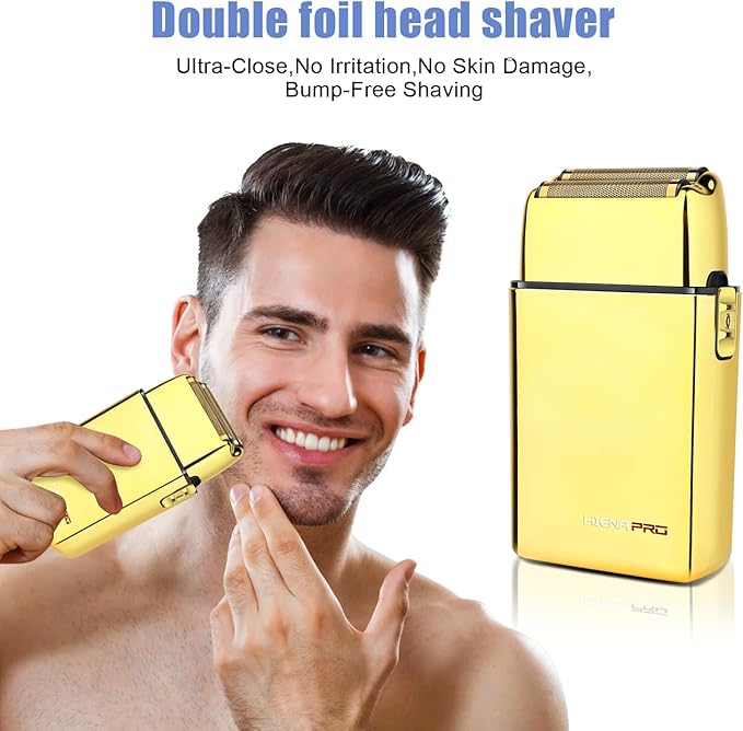 HIENA PRO Foil Shaver for Men Barber, Double Electric Foil Trimmer, Professional Electric Razor, Close Shaver, Cordless Rechargeable with USB, Gold
