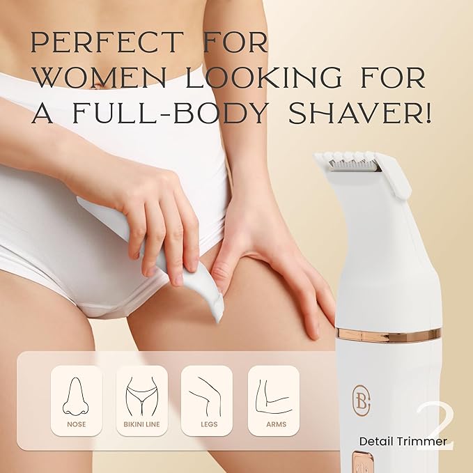 Bella Ciao 10-Piece Electric Trimmer Set for Women, Body and Bikini Hair Trimmer with Ceramic Blade, Ear and Nose Hair Remover, Detail Heads, Comb Guides, Charging Dock and USB Cable