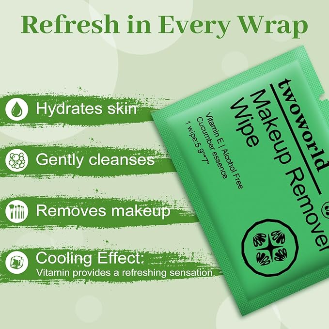 Makeup Remover Wipes Bulk Individually Wrapped,Travel Makeup Wipes Gentle for Face Cleansing Mascara Lipstick Travel Hotel（cucumber,pack of 50)