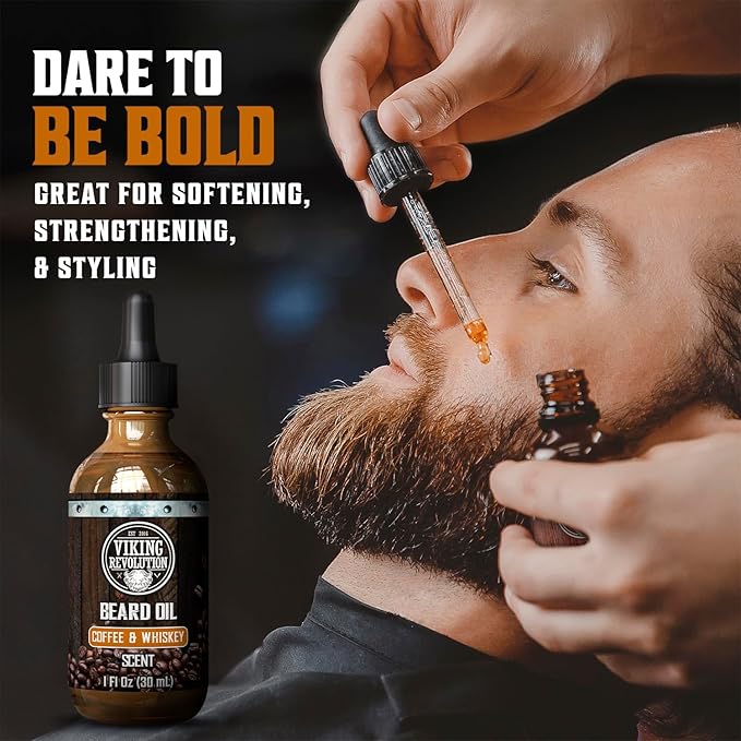 Viking Revolution Coffee Whiskey Beard Oil for Men -Natural Mens Beard Oil with Argan Oil and Jojoba Oil -Beard Softener,Strengthens and Moisturizes- Beard Conditioner for Men(Coffee Whiskey, 1 Pack)