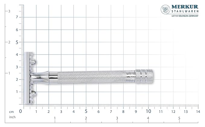MERKUR 25C Double Edge Safety Razor in Bright Chrome with an Open Comb Design, Long Handle, Made in Germany, Plastic-Free, Three-Piece Design, and Straight Bar