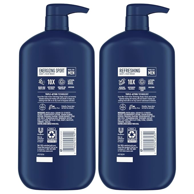 Suave Men Body + Face Wash Bundle – Energizing Sport (Beragmot & Wood) 2-Pack + Refreshing (Cedarwood & Mandarin), 30 Oz Ea