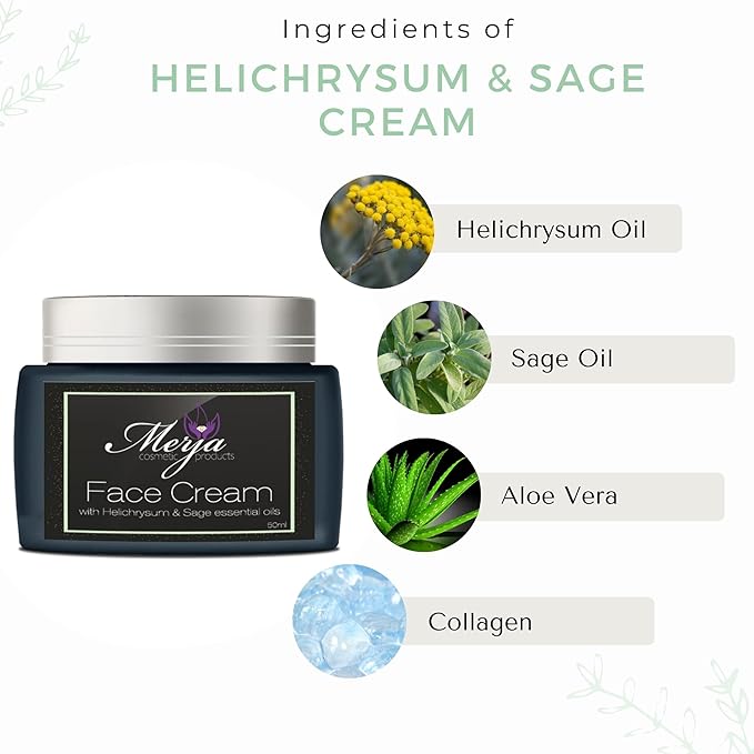 Merja Face cream with Helichrysum & Sage Essential Oils- Day and Night- Face cream with Collagen, Helichrysum oil and sage-Skin Care- Face Moisturizer -Premium Quality 50ml 1.7 oz (Pack of 2)