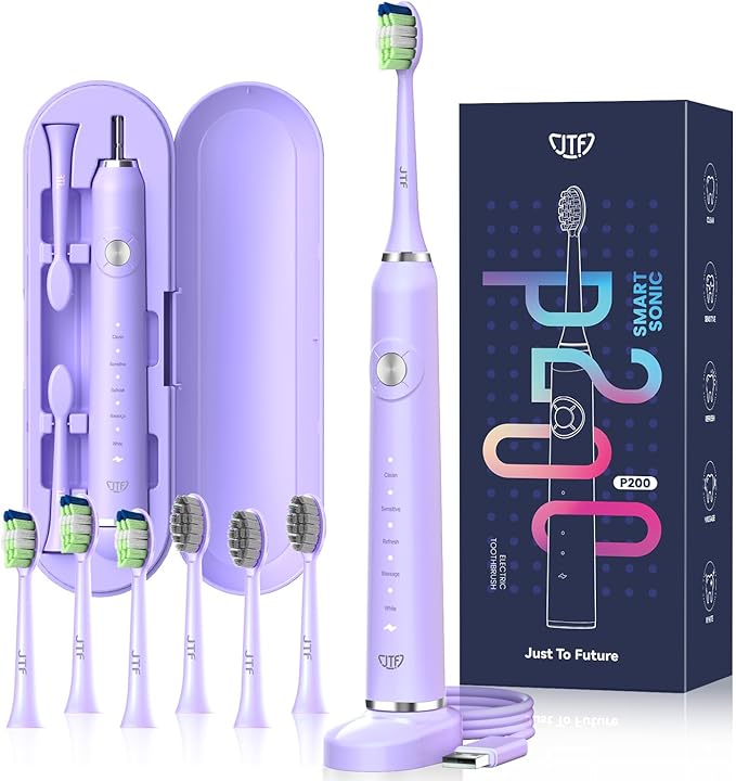 JTF Sonic Electric Toothbrush for Adults: 5 Modes with Smart Timer for Deep Cleaning & Whitening, 2 Brush Head Types for Sensitive Teeth, Gums & Braces, Travel-Friendly Case and Wireless Charging Base