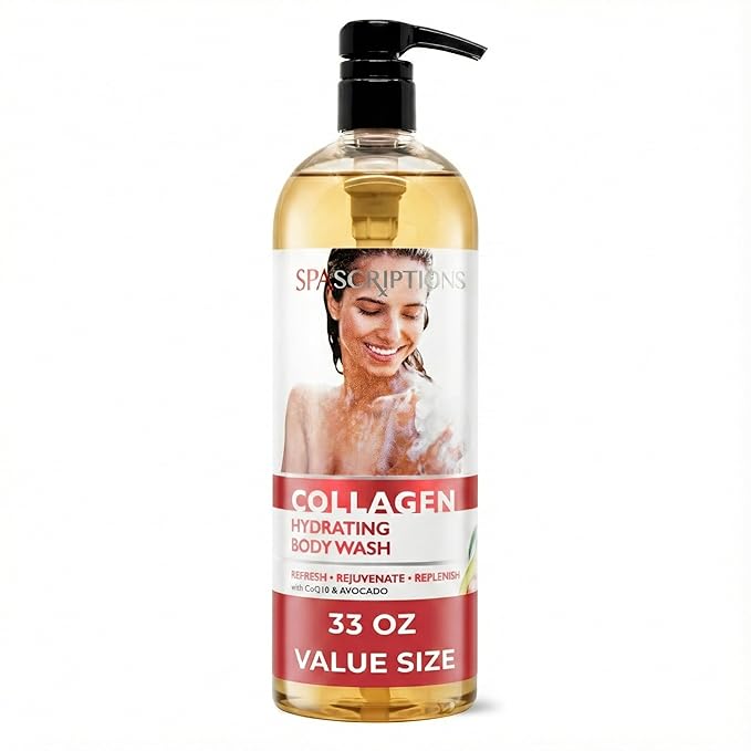 SpaScriptions Collagen Body Wash - Hydrating Gentle Cleansing Shower Gel with Anti-Aging CoQ10 and Moisturizing Avocado for Smooth Radiant Glowing Skin, Fresh Orchard Scent, Paraben Free, 33 fl oz