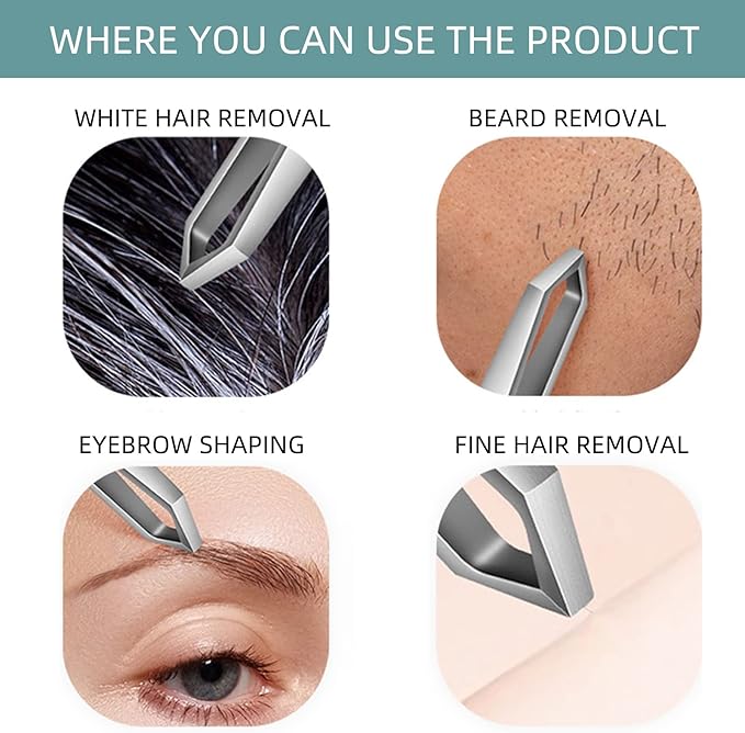 Beard Tweezers, White Hair Plucking Tweezers, Stainless Steel, Fine Hair Removal Tweezers, Eyebrows Shaping Tool, 5mm Tip, Clear Box 2Pack