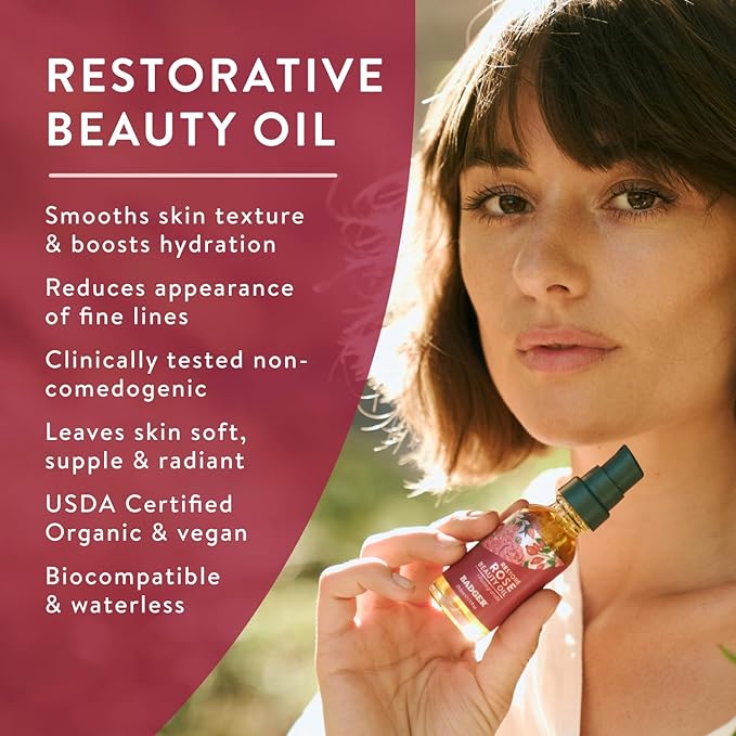 Badger Rose Face Oil, 100% Organic Face Moisturizer, Nourishing & Soothing Organic Jojoba Oil & Rose Oil, Vegan Antioxidant Rich Moisturizing Facial Oil, 1 fl oz Glass Bottle
