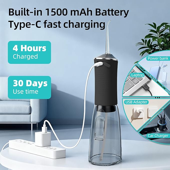 Water Dental Flosser for Teeth Pick：360ML Tank 5 Jet Tips Rechargeable Electric Flosser, 4 Mode IPX7 Cordless Oral Irrigator for Implants, Brace & Sensitive Teeth Care, Home & Travel Use
