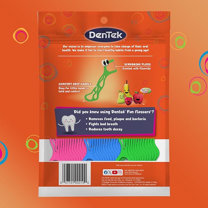 DenTek Fun Flossers – Kids Floss Picks with Wild Fruit Flavor, 75 Count, Pack of 6
