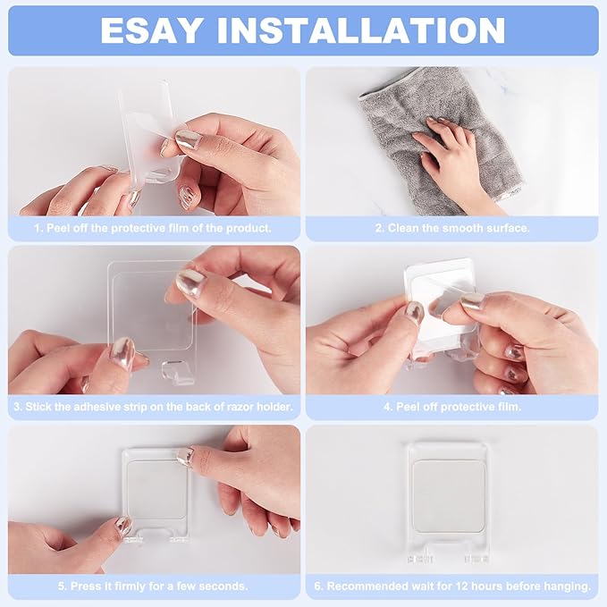 VIS'V Adhesive Razor Holder, Wall Mount Shower Razor Hooks for His and Hers, Acrylic, Waterproof, Clear, 2 Pcs