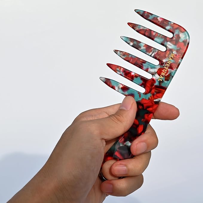 D1 SMALL Wide Tooth Comb and Travel Comb 6.2" for Easy Portability. Suitable for Women's/ Girls' Curly and Tight Hair. Short Handle Design. Acetate (RED)