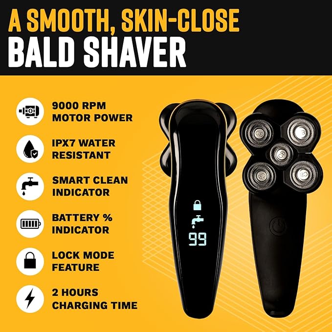 Bald Buddy Head Shaver for Men, Waterproof, Rechargeable Electric Razor, Cordless, Ergonomic Design, Battery & Cleaning Indicator, The Cut Buddy