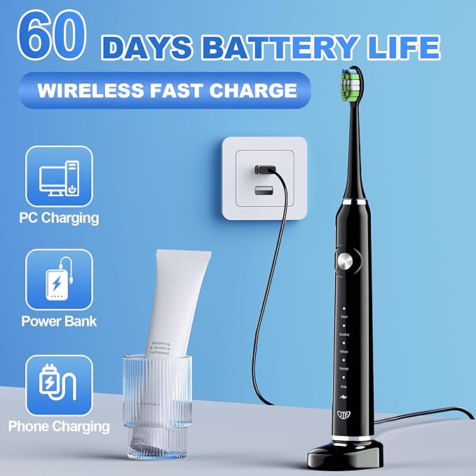 JTF Sonic Electric Toothbrush for Adults: 5 Modes with Smart Timer for Deep Cleaning & Whitening, 2 Brush Head Types for Sensitive Teeth, Gums & Braces, Travel-Friendly Case and Wireless Charging Base