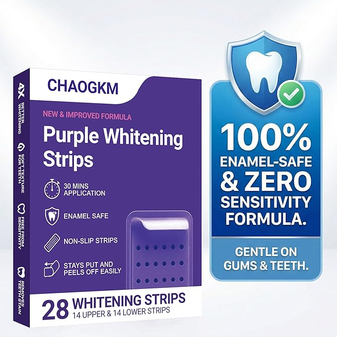 Purple Teeth Whitening Strips, Gentle Daily Purple Whitening Strips for Surface Stain Reduction & Natural Shine, Enamel Safe & Low-Sensitivity, Portable Purple Teeth Care Strips 28 Count (Pack of 1)
