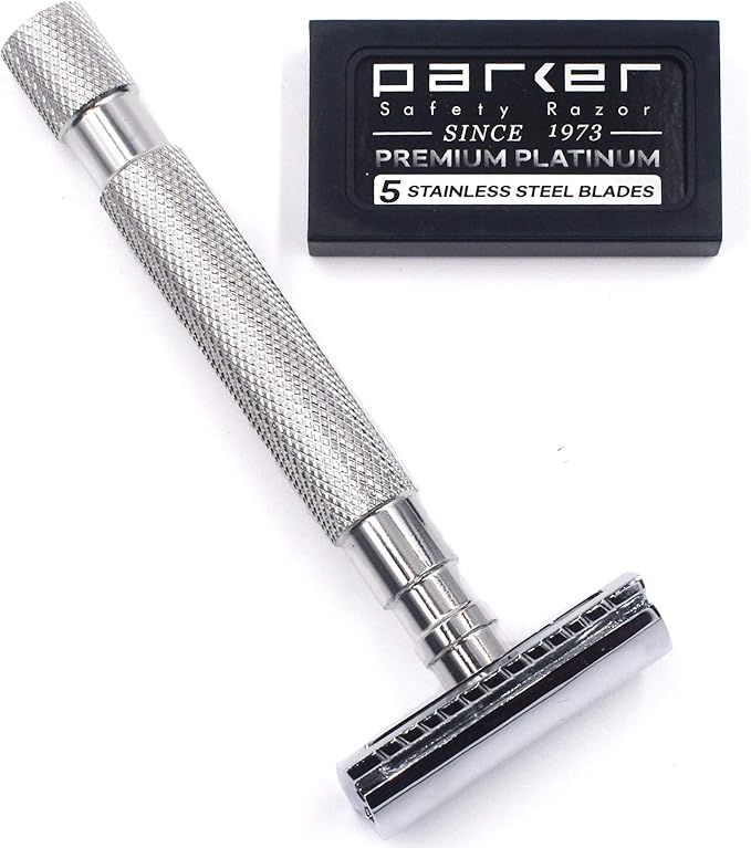 Parker 64S Stainless Steel Handle Double Edge Safety Razor & 5 Premium Blades