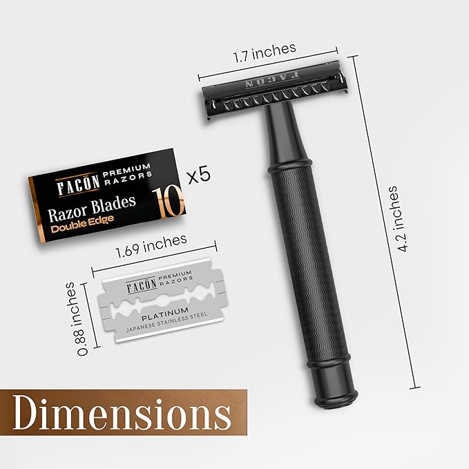 Facón Double Edge Safety Razor for Men & Women - Butterfly Open Stainless Steel Razor w/ 50 Platinum Double Edge Safety Razor Blades, Single Blade Razor for Smooth Close Shave, Reusable & Eco-Friendly