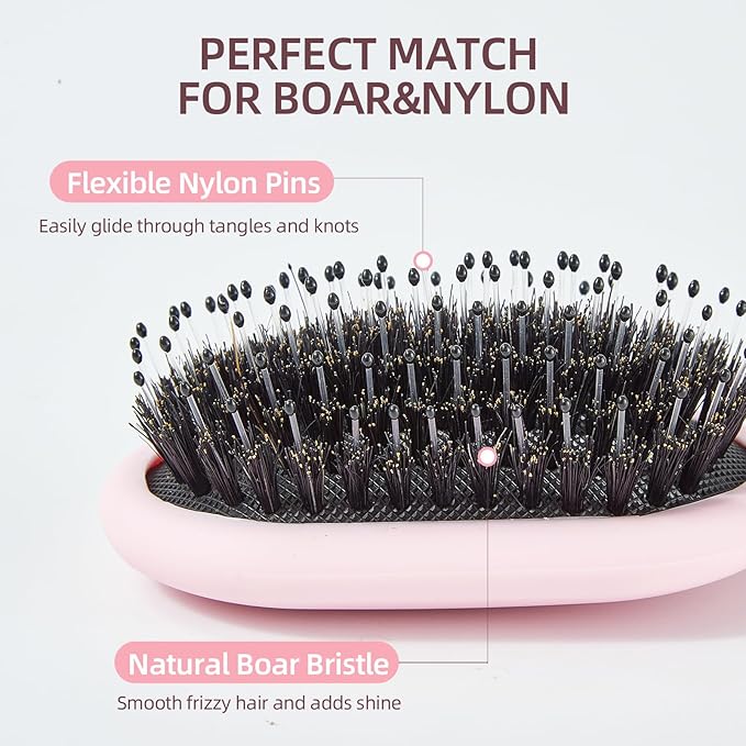 Boar Bristles Hair Brush for Women and Men, Detangling Hair Brush for Smoothing Massage Add Shine, Nylon&Boar Bristles Detangler brush for Hair Healthy (Medium-Pink)