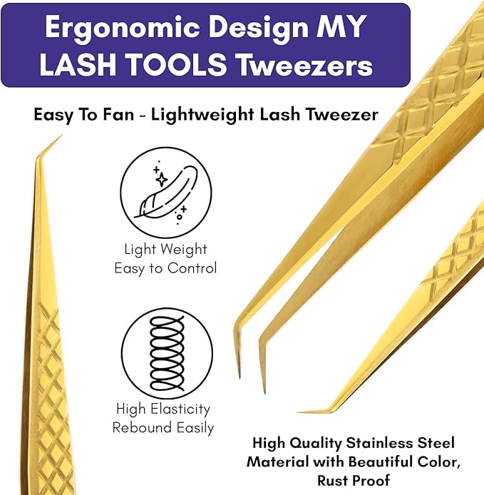 Curved Isolation Tweezers for Lash Extensions – Diamond Grip, Stainless Steel 14cm Best for Individual Isolation & Classic pinzas para pestaña (Gold titanium)