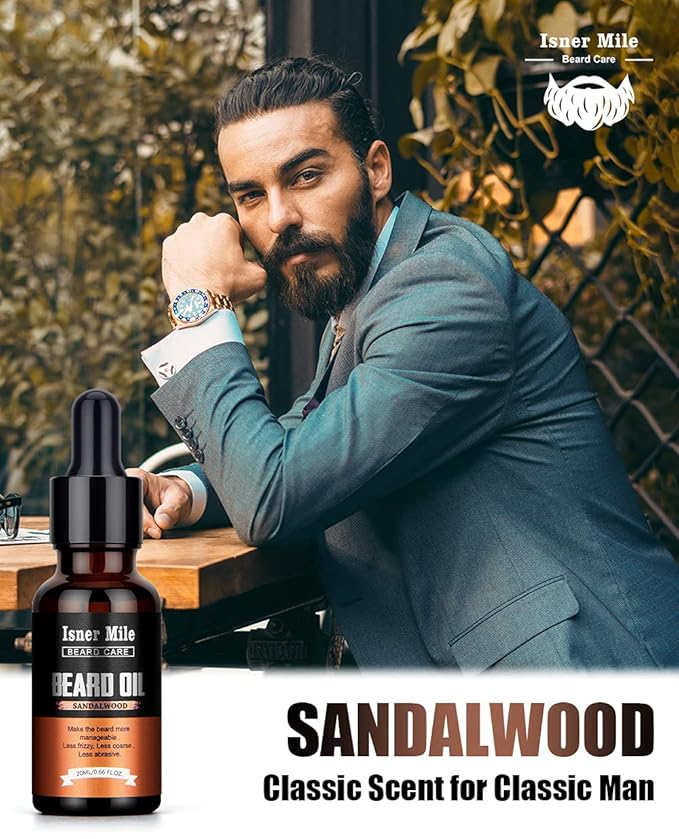 ISNER MILE Beard Oil Kit Stocking Stuffers: Gifts for Men Him Dad Boyfriend, Mustaches Conditioner - Soften - Strength with Sandalwood, Bay Rum, Vanilla, Cologne, Unscented, Beard Grooming and Care